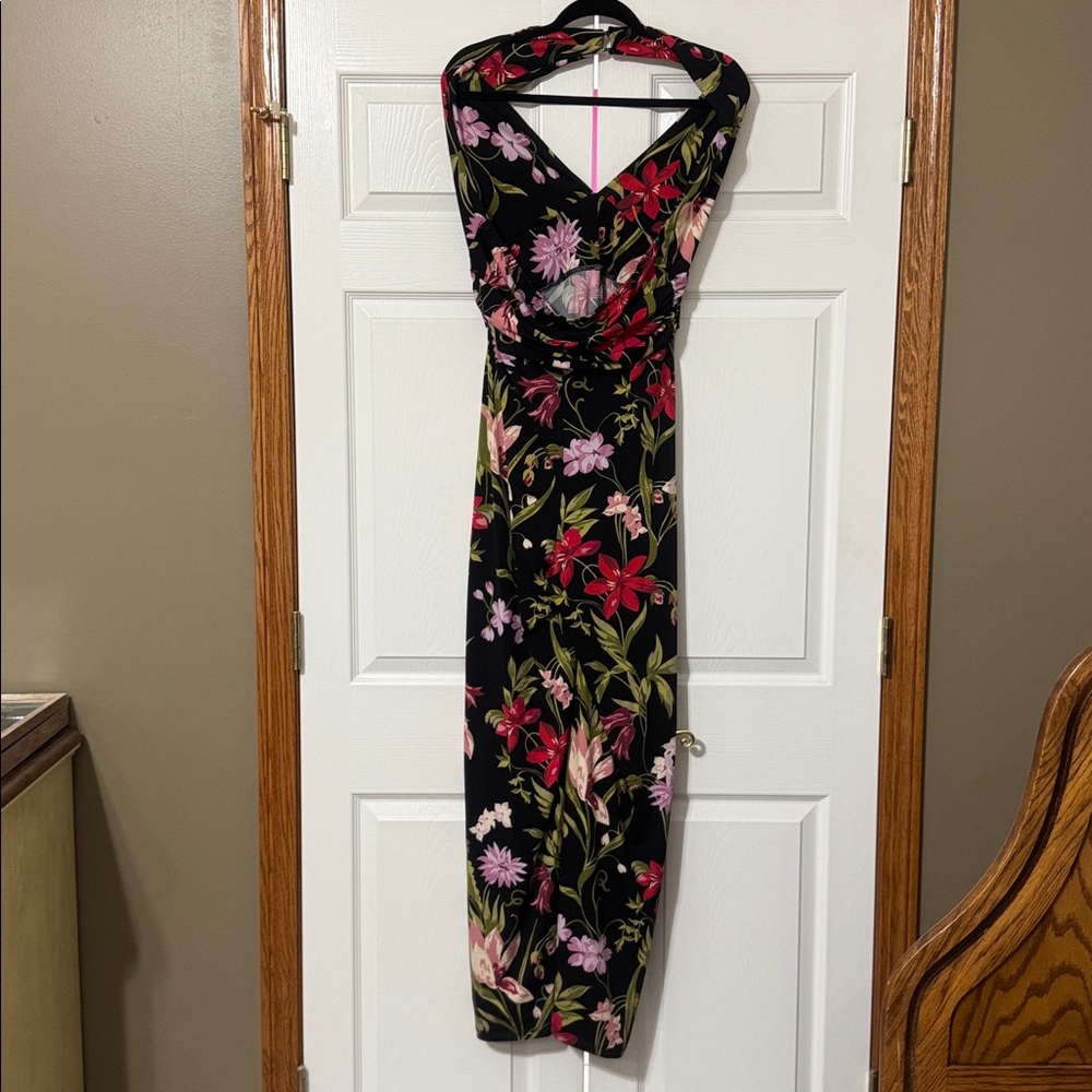 VENUS Black Halter jumpsuit with Red & Pink Floral Print - Picture 5 of 7